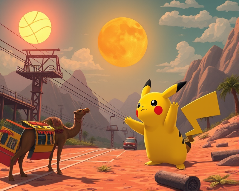 pikachu, sun, basketball, cable car, camel